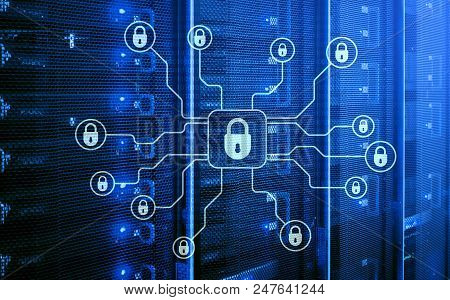Big data analytics, internet and modern technology concept on server room background.