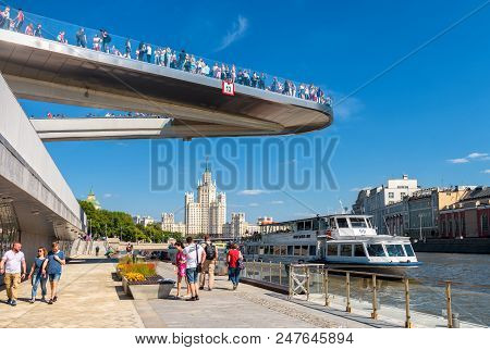Moscow - June 16, 2018: People Visit Zaryadye Park With Floating Bridge During Fifa World Cup In Mos