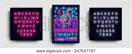 Karaoke Night Poster Neon Vector. Karaoke Party Design Template, Bright Neon Brochure, Modern Trend 