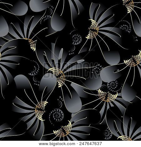 Ornate Dark Black Floral 3d Seamless Pattern. Abstract Creative Ornamental Background. Surface Textu