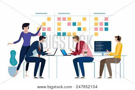 Agile Business Team Of Programmer Working And Make Some Planning On The Scrum Board. Whiteboard And 