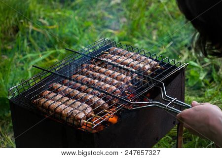 Lulya Kebab From Meat Are Prepared In The Grill. Shish Kebab In The Grill.