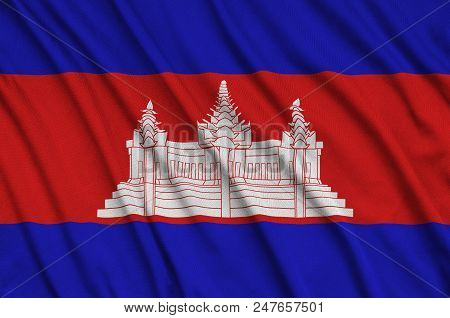 Cambodia Flag  Is Depicted On A Sports Cloth Fabric With Many Folds. Sport Team Waving Banner