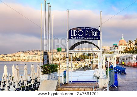 Lido Beach And Mediterranean Sea  And Famous Hotel Negresco In Nice France