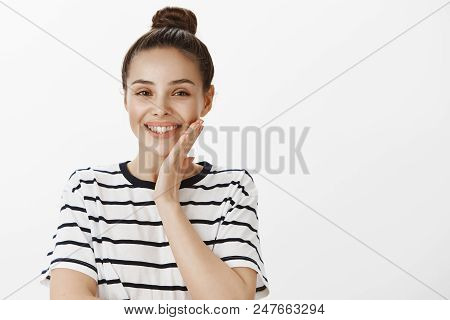 Girl Is Pleased With Result Of Beauity Therapy. Charming Healthy European Woman In Striped T-shirt, 