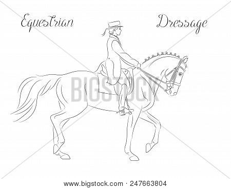 Dressage Horse With Rider Performing Piaffe, Equestrian Sport. Black And White Raster Image, Side Vi