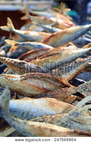 Fresh Mackerel On Stick At Barbecue Party. Germany