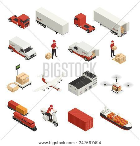 Cargo Transportation Isometric Icons Logistic Delivery By Various Vehicles And Drone Technology Isol