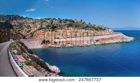 Panorama View On Mountain Serpentine Road Along Mediterranean Sea. Demre Finike Yolu (road). Turkey.