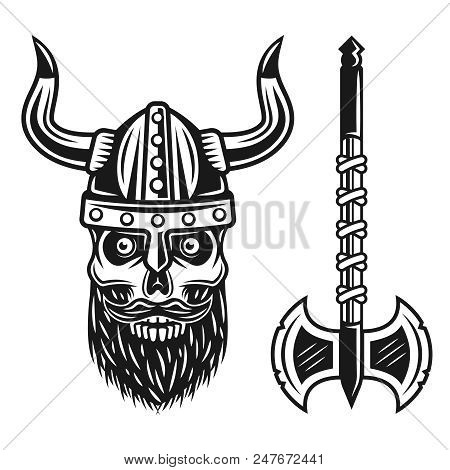 Viking Bearded Skull In Helmet And Double Axe Set Of Vector Black Objects Or Elements Isolated On Wh