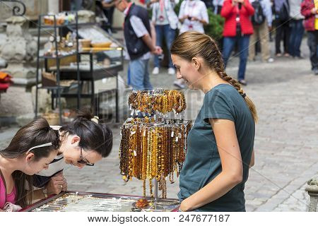 Gdansk, Poland - June 5, 2018: Mariacka Street, Typical Stoop And Jewelry Stores With Amber, Main Ci