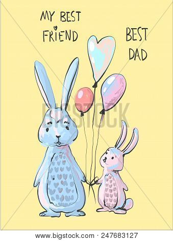 Cute Bunny Dad And Little Bunny Son Illustration, Father Day Or Frendship Day Cartoon Style Print, F