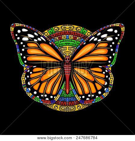 Butterfly Machaon On A Black Background. Vector Beautiful Swallowtail Boho T-shirt Design. Mystical 