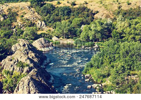 Southern Bug River Landscape With Famous Rapid Red Gate Or Integral In Migeya, Ukraine.