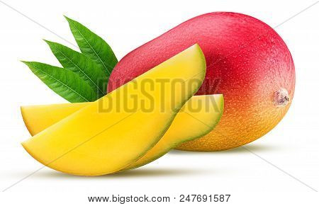 Mango With A Leaf Exotic Friut With Slice Isolated On White Background. Clipping Path. Full Depth Of