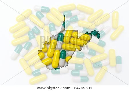 Kontur kort over West Virginia med gennemsigtig piller i baggrunden