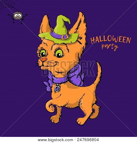 Cartoon Cute Dog Character In A Witch S Hat With A Skull Capkake And A Halloween. Vector Illustratio