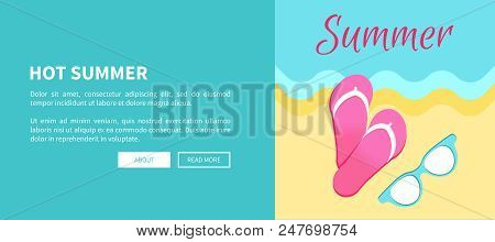 Hot Summer Web Poster With Slide Sandals Or Flip-flops And Sunglasses On Seaside Vector Illustration