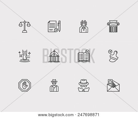 Court Icons Set. Court And Court Icons With Balance, Detective And Stamp. Set Of Contact For Web App