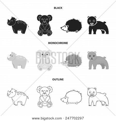 Rhino, Koala, Panther, Hedgehog.animal Set Collection Icons In Black, Monochrome, Outline Style Vect