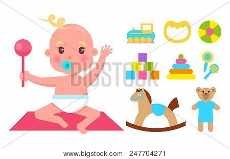 Cute Infant Wit Blue Nipple And Pink Rattle Colorful Banner Isolated On White Backdrop, Set Of Toys,