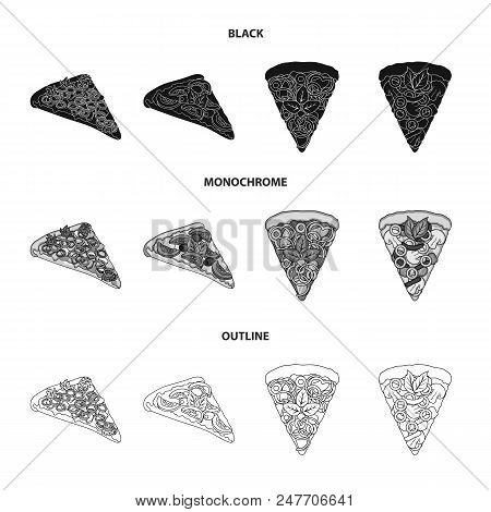 A Slice Of Pizza With Different Ingredients. Different Pizza Set Collection Icons In Black, Monochro