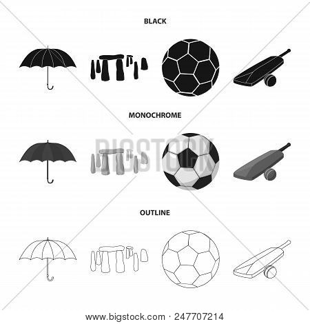 Umbrella, Stone, Ball, Cricket .england Country Set Collection Icons In Black, Monochrome, Outline S