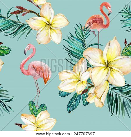 Beautiful Flamingo And Yellow Plumeria Flowers On Blue Background. Exotic Tropical Seamless Pattern.