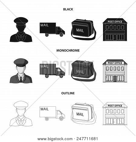 The Postman In Uniform, Mail Machine, Bag For Correspondence, Postal Office.mail And Postman Set Col