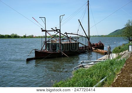 One Of The Last Big Professional Fishermen Ships On The Danube Near Regensburg In Germany