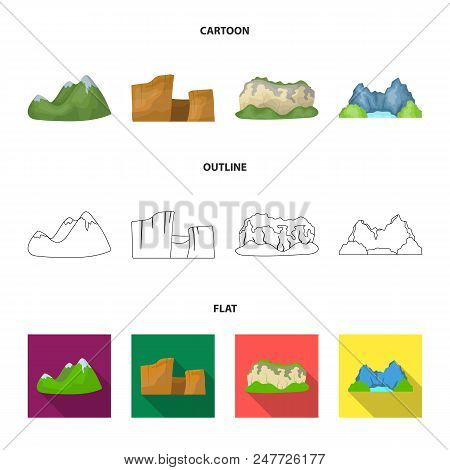 Green Mountains With Snow Tops, A Canyon, Rocks With Forests, A Lagoon And Rocks. Different Mountain