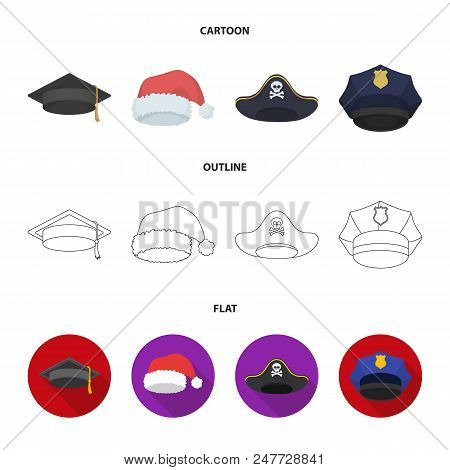 Graduate, Santa, Police, Pirate. Hats Set Collection Icons In Cartoon, Outline, Flat Style Vector Sy