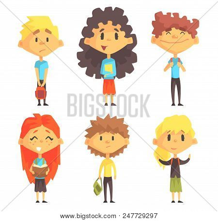 Cartoon Set Of Disciples With Books And Backpacks. Pupils Of Elementary School. Education Theme. Ele