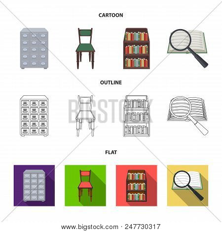 Cabinet With Filing Cabinet, Chair, Shelves, Information Search. Library And Bookstore Set Collectio