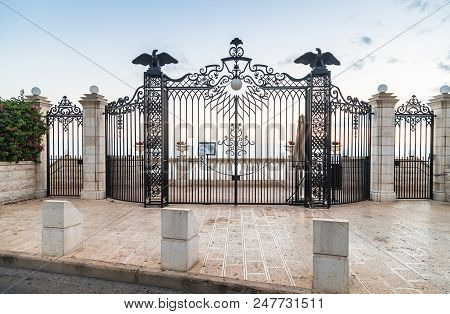 Haifa, Israel, June 30, 2018 : Decoratively Decorated Gate With Lanterns And Decorative Eagles - The