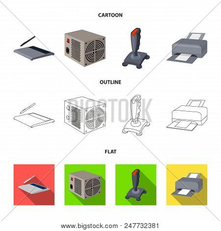 Power Unit, Dzhostik And Other Equipment. Personal Computer Set Collection Icons In Cartoon, Outline