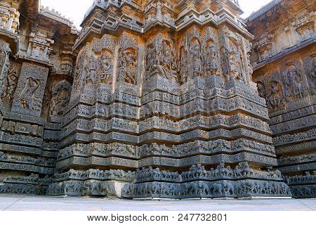 View Of Ornate Wall Panel Relief In A Stellate Form Of Shrine, Hoysaleshwara Temple, Halebidu, Karna