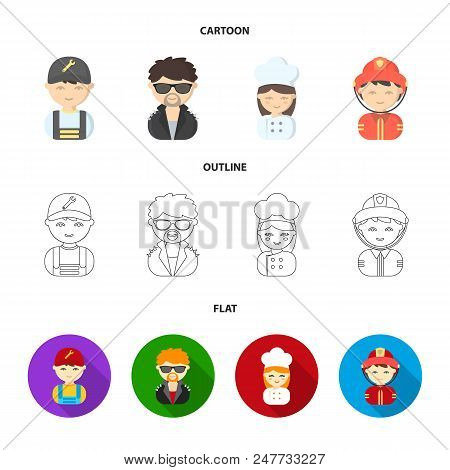 Mechanic, Entertainer, Cook, Fireman.profession Set Collection Icons In Cartoon, Outline, Flat Style