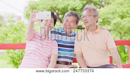Old People Selfie Happily In The Pavilion
