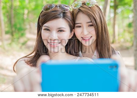 Two Beauty Women Wear Brace And Retainer For Teeth Selfie Happily