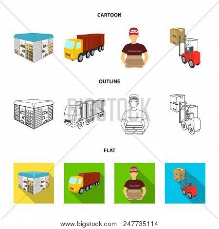 Truck, Courier For Delivery Of Pizza, Forklift, Storage Room. Logistics And Delivery Set Collection 