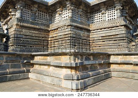View Of Stellate Form Of Shrine Outer Wall At The Hoysaleshwara Temple, Halebid, Karnataka, India. V