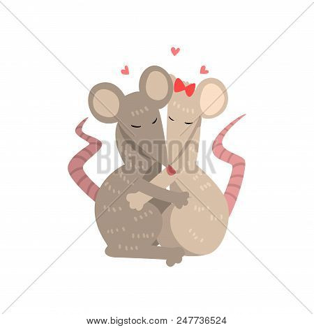 Couple Of Cute Mice In Love Embracing Each Other, Two Happy  Aniimals Hugging With Hearts Over Their
