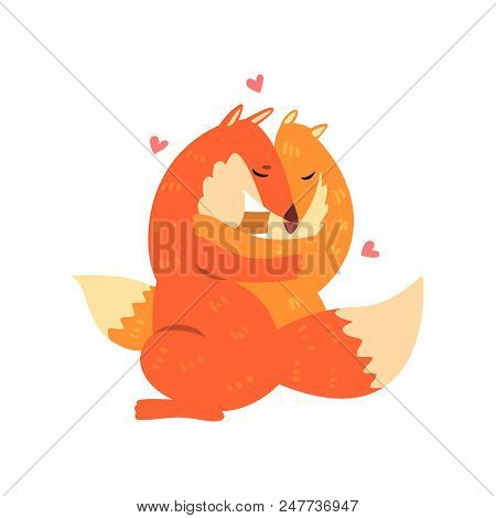 Couple Of Cute Red Foxes In Love Embracing Each Other, Two Happy  Aniimals Hugging With Hearts Over 