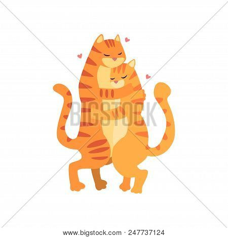 Couple Of Cute Tigers In Love Embracing Each Other, Two Happy  Aniimals Hugging With Hearts Over The