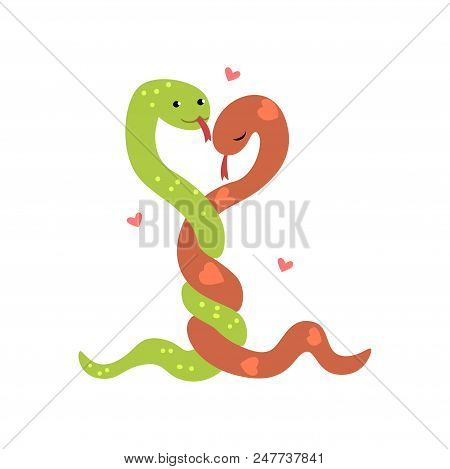 Couple Of Cute Snakes In Love Embracing Each Other, Two Happy  Aniimals Hugging With Hearts Over The