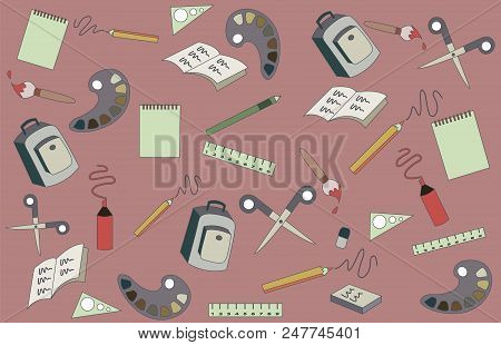 School Supplies On A Pink Background. Chancellery And Studies