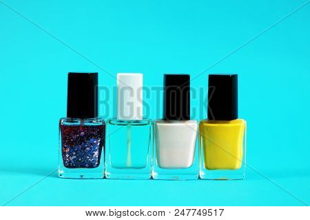 The Group Of Nail Polish, Beauty Concept, Blue Background
