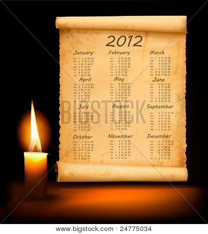 古い紙の 2012 年カレンダー。ベクター画像。