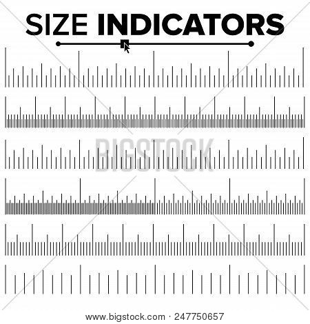 Size Indicator Set Vector. Black Horizontal Measure. Ruler Graduation. Different Unit Distances. Iso